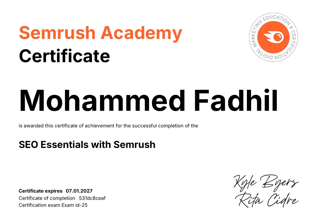 SEO certification from Semrush by digital marketing expert in Kerala